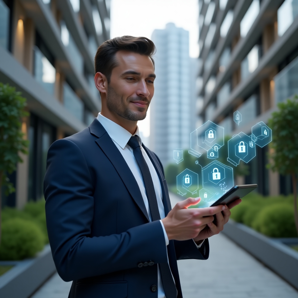 (Ultra-realistic condominium manager in a navy blue suit, set in a modern luxury condominium environment with high-rise buildings and green landscaping, holding a tablet displaying holographic management app icons, confident and focused expression, floating holographic chat bubbles, calendar and security padlock symbols around him, cinematic lighting, shallow depth of field, highly detailed textures, realistic skin, photographic realism, 8k resolution --ar 1:1 --v 6)