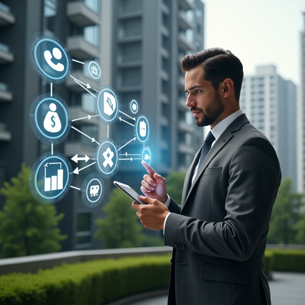 Ultra-realistic condominium manager in a charcoal gray executive suit, set in a modern luxury condominium environment with high-rise buildings and manicured green landscaping, medium shot of the manager tapping on a tablet with floating holographic app icons for communication, budgeting, maintenance tasks and an urgent notification badge symbolizing the need for a management app, confident and thoughtful expression, cinematic lighting, shallow depth of field, highly detailed textures, realistic skin, photographic realism, 8k resolution --ar 1:1 --v 6