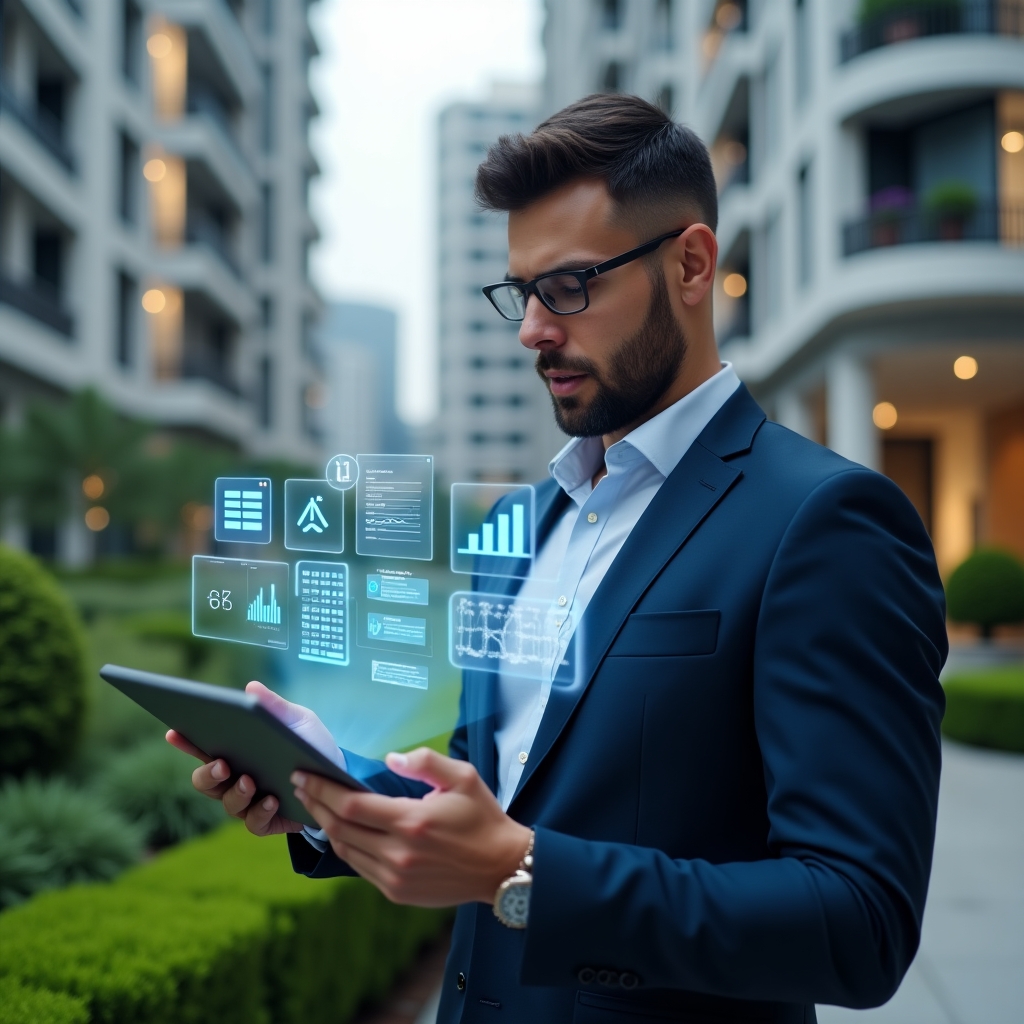 (Ultra-realistic condominium manager in a navy blue business suit, set in a modern luxury condominium environment with high-rise buildings and manicured green landscaping, mid-shot holding and interacting with a tablet projecting a holographic management dashboard with icons for tasks, notifications and charts, focused and confident expression, cinematic lighting, shallow depth of field, highly detailed textures, realistic skin, photographic realism, 8k resolution --ar 1:1 --v 6)