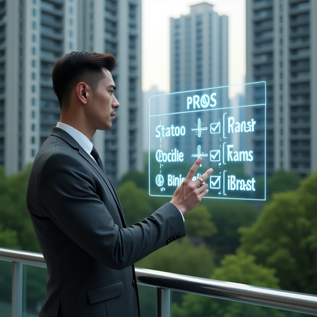 (Ultra-realistic condominium manager in a charcoal gray suit, set in a modern luxury condominium environment with high-rise buildings and lush green landscaping, mid-shot of the manager thoughtfully interacting with a holographic pros and cons chart floating in front of them, holographic icons of checkmarks and crosses representing decision factors, cinematic lighting, shallow depth of field, highly detailed textures, realistic skin, photographic realism, 8k resolution --ar 1:1 --v 6)