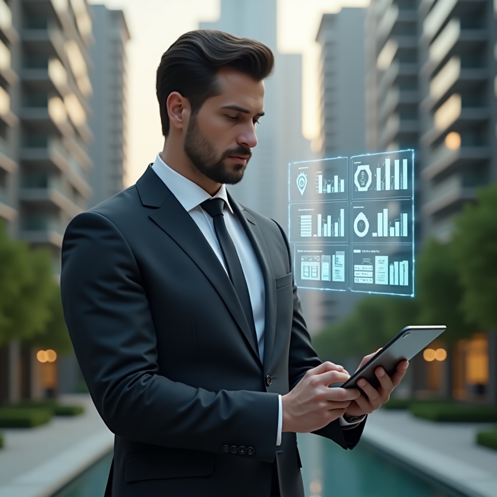 (Ultra-realistic condominium manager in a tailored charcoal suit, set in a modern luxury condominium environment with high-rise buildings and manicured green spaces, confidently holding a tablet displaying a holographic building management interface, analyzing floating charts of schedules and budgets, cinematic lighting, shallow depth of field, highly detailed textures, realistic skin, photographic realism, 8k resolution --ar 1:1 --v 6)