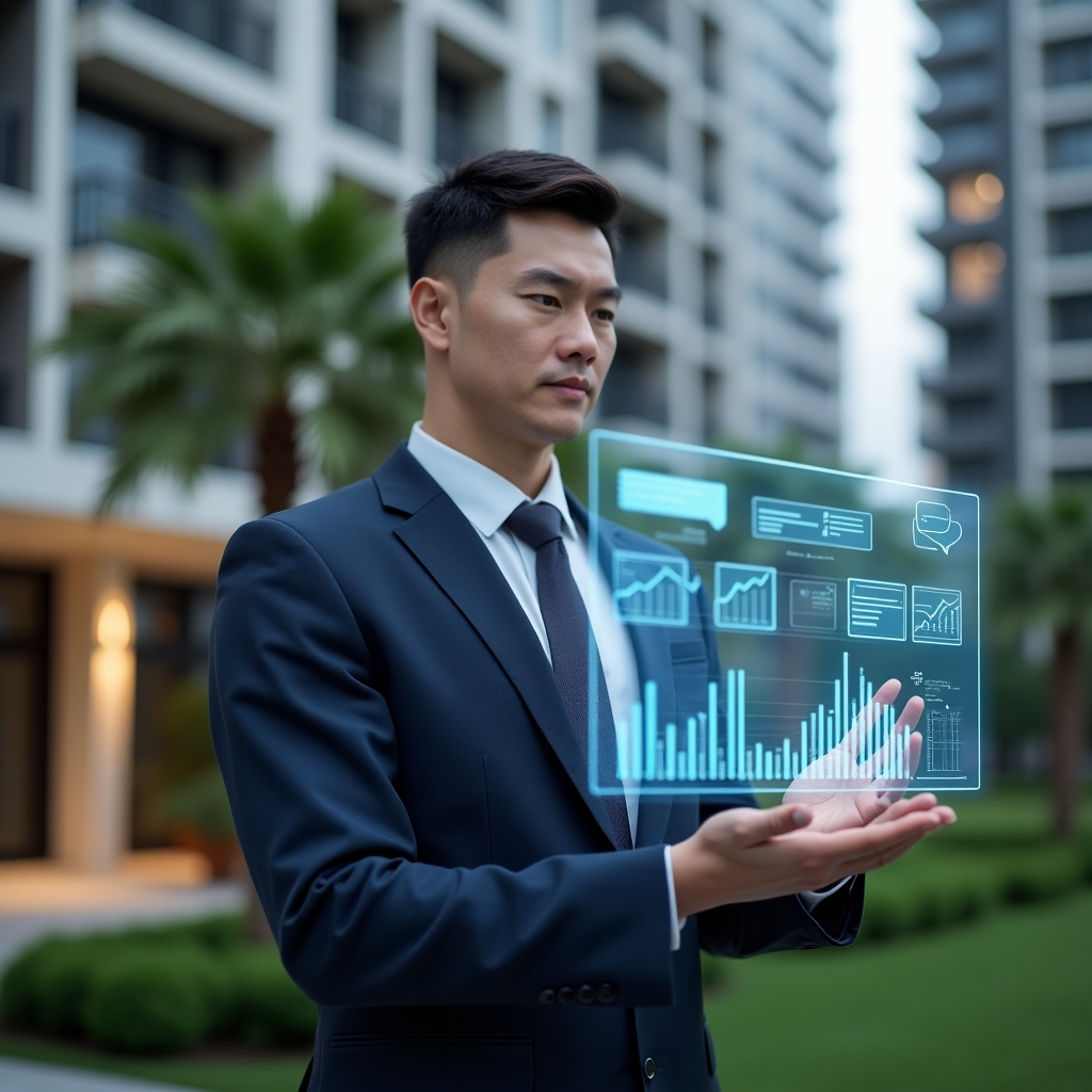(Ultra-realistic condominium manager in a tailored navy suit, set in a modern luxury condominium environment with high-rise buildings and manicured green landscaping, interacting with a semi-transparent holographic dashboard displaying financial charts and chat icons symbolizing instant communication and transparency, confident and focused expression, cinematic lighting, shallow depth of field, highly detailed textures, realistic skin, photographic realism, 8k resolution --ar 1:1 --v 6)