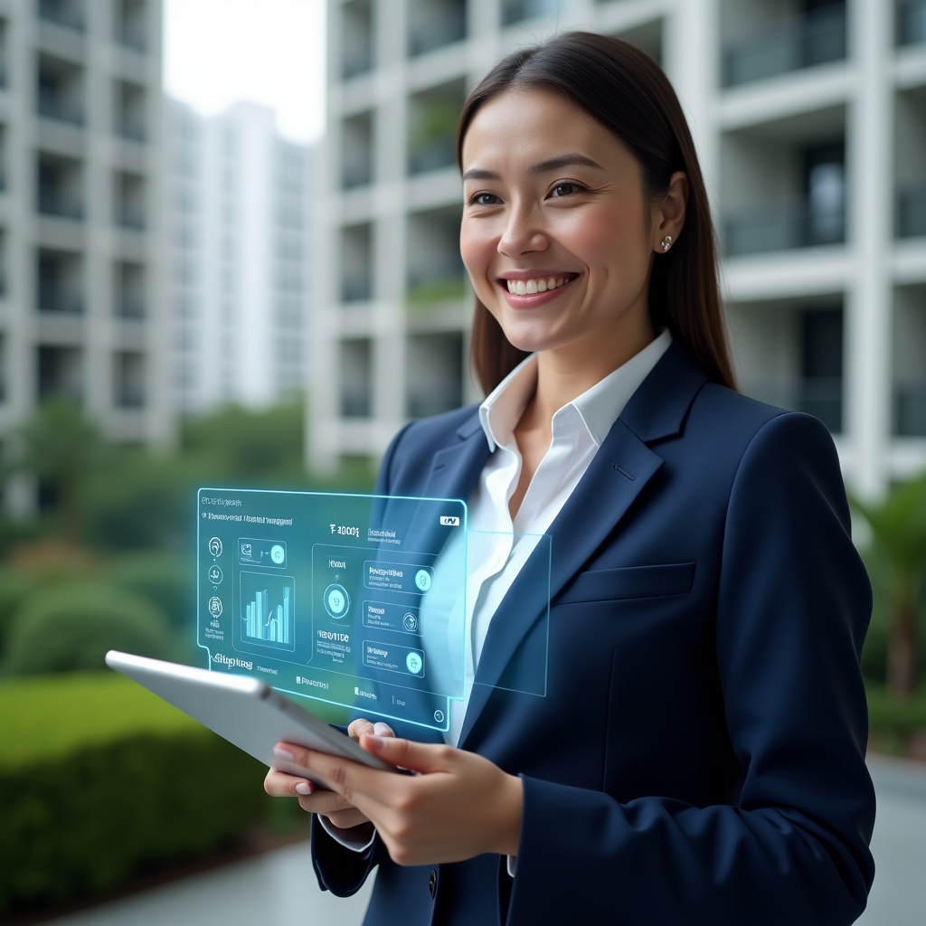 (Ultra-realistic condominium manager in a navy blue executive suit, set in a modern luxury condominium environment with high-rise buildings and lush green landscaping, holding a tablet displaying a floating holographic app interface with financial charts and process icons, smiling confidently as they interact with the virtual controls, cinematic lighting, shallow depth of field, highly detailed textures, realistic skin, photographic realism, 8k resolution --ar 1:1 --v 6)
