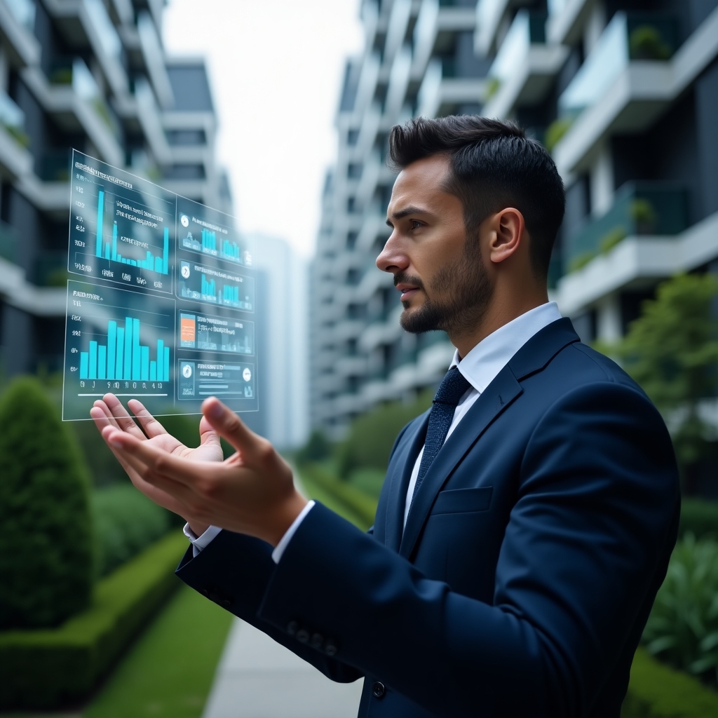 (Ultra-realistic condominium manager in a navy executive suit, set in a modern luxury condominium environment with high-rise buildings and manicured green landscaping, reviewing a floating holographic dashboard of digital icons and analytics representing an aplicativo para condomínio and gestão efficiency, confident and focused expression, cinematic lighting, shallow depth of field, highly detailed textures, realistic skin, photographic realism, 8k resolution --ar 1:1 --v 6)