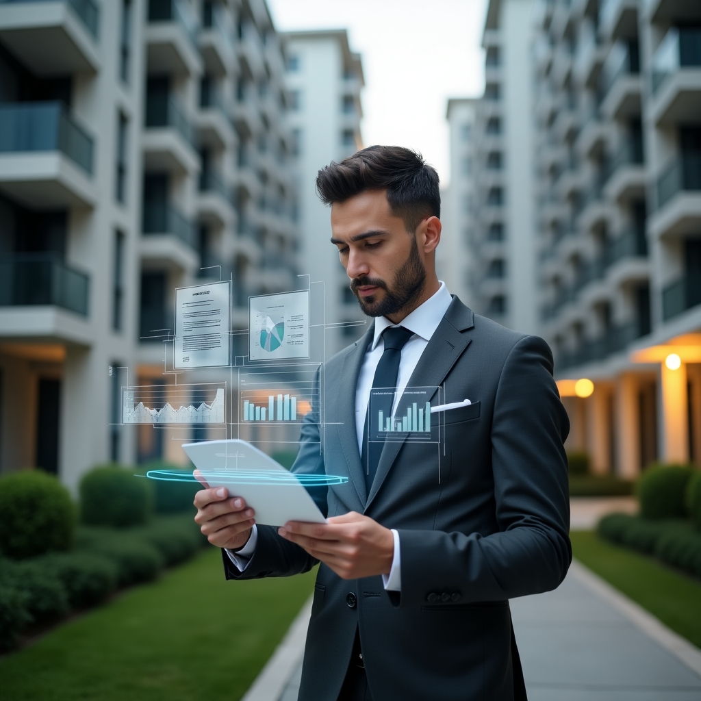 (Ultra-realistic condominium manager in a charcoal gray suit, set in a modern luxury condominium environment with high-rise buildings and manicured green gardens, reviewing holographic financial charts with a confident, focused expression, floating icons of receipts and budget graphs around, cinematic lighting, shallow depth of field, highly detailed textures, realistic skin, photographic realism, 8k resolution --ar 1:1 --v 6)
