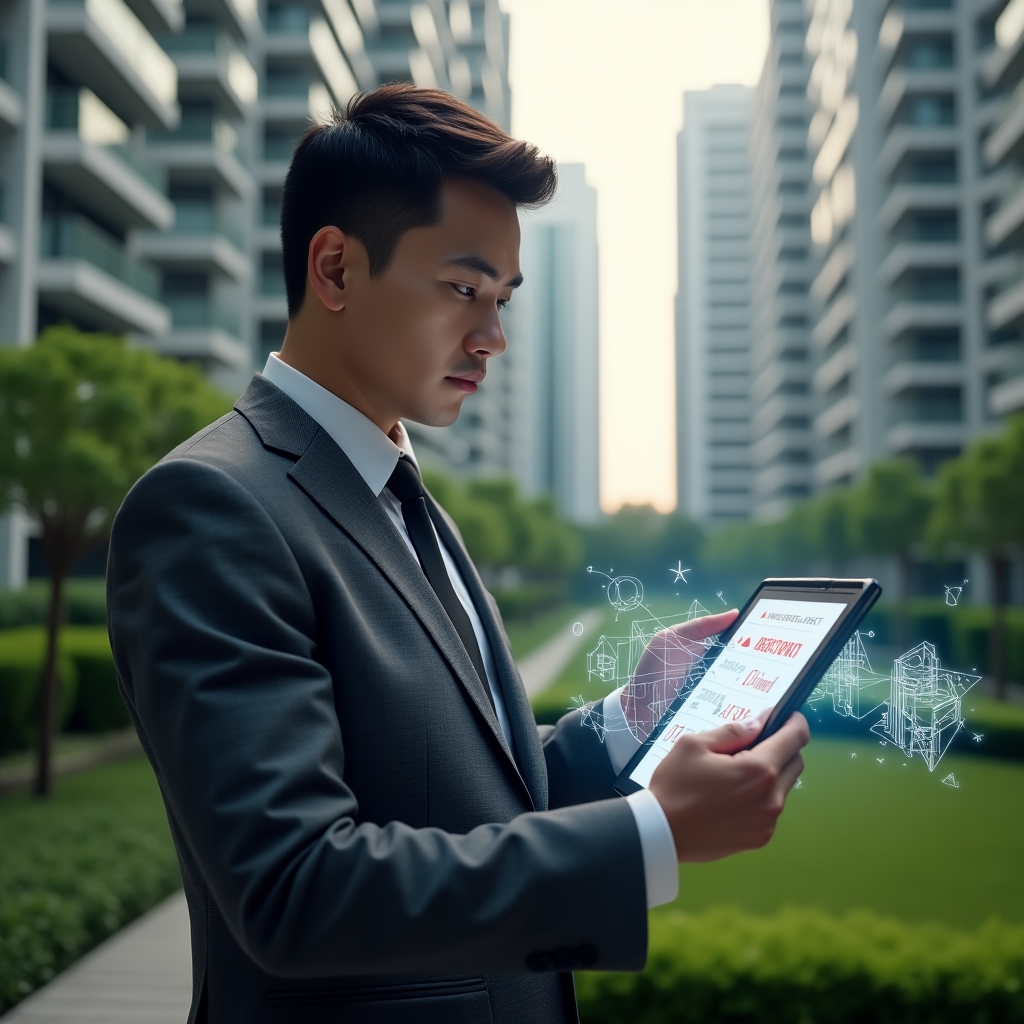 (Ultra-realistic condominium manager in a dark gray tailored suit, set in a modern luxury condominium environment with high-rise buildings and manicured green landscaping, holding a digital tablet displaying a holographic checklist with red warning icons, analyzing the data with a thoughtful expression, holographic building floorplans floating beside them, cinematic lighting, shallow depth of field, highly detailed textures, realistic skin, photographic realism, 8k resolution --ar 1:1 --v 6)
