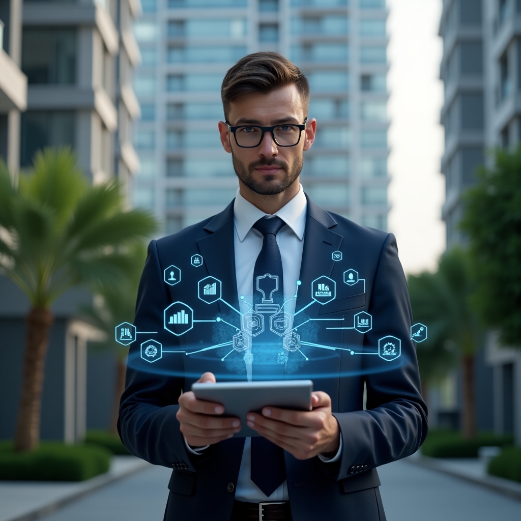 Ultra-realistic professional condominium manager in a navy executive suit, set in a modern luxury condominium environment with high-rise buildings and manicured greenery, holding a holographic checklist of common management errors with a focused, confident expression, virtual icons of financial charts and workflow gears floating around, cinematic lighting, shallow depth of field, highly detailed textures, realistic skin, photographic realism, 8k resolution --ar 1:1 --v 6