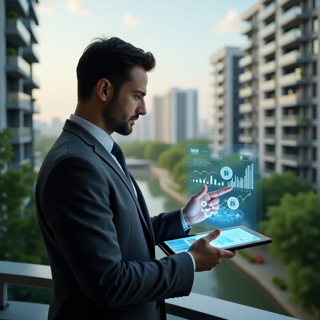 Ultra-realistic condominium manager in a charcoal gray executive suit, set in a modern luxury condominium environment with high-rise buildings and lush green landscaping, medium shot of a confident professional holding a transparent tablet displaying holographic budget charts and icons of coins, pointing thoughtfully at rising expense graphs, cinematic lighting, shallow depth of field, highly detailed textures, realistic skin, photographic realism, 8k resolution --ar 1:1 --v 6