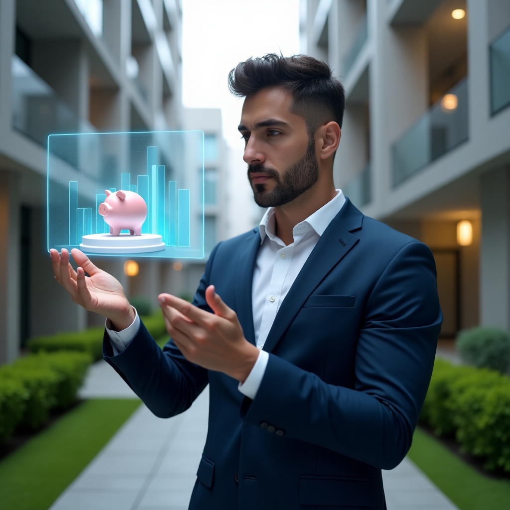 (Ultra-realistic condominium manager in a navy blue suit, set in a modern luxury condominium environment with high-rise buildings and manicured green landscaping, examining a floating holographic bar chart and piggy bank icon symbolizing cost savings, confident and focused expression, cinematic lighting, shallow depth of field, highly detailed textures, realistic skin, photographic realism, 8k resolution --ar 1:1 --v 6)
