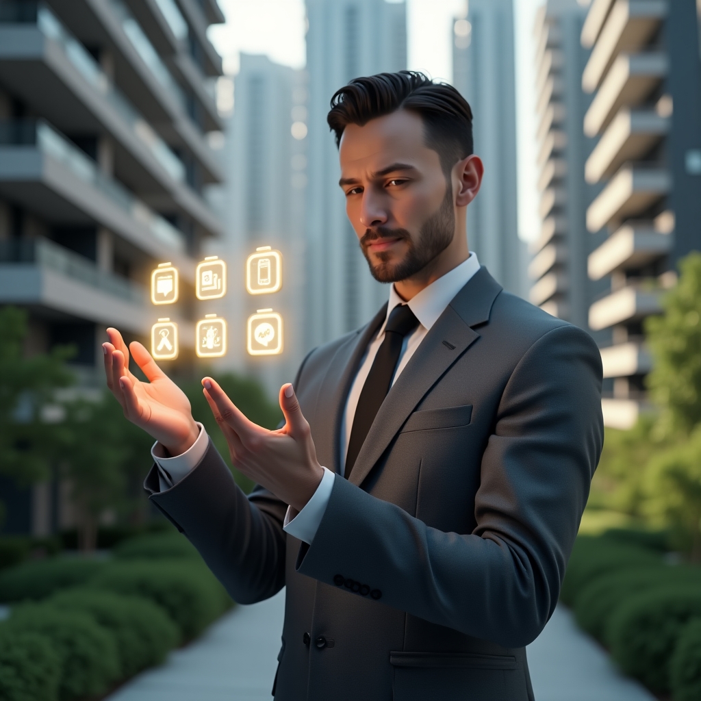 (Ultra-realistic condominium manager in a charcoal gray suit, set in a modern luxury condominium environment with high-rise buildings and green landscaping, holding and interacting with a floating holographic interface displaying icons for chat, polls, maintenance and reservations, confident and engaged expression, symbolic glowing app elements around the hand, cinematic lighting, shallow depth of field, highly detailed textures, realistic skin, photographic realism, 8k resolution --ar 1:1 --v 6)