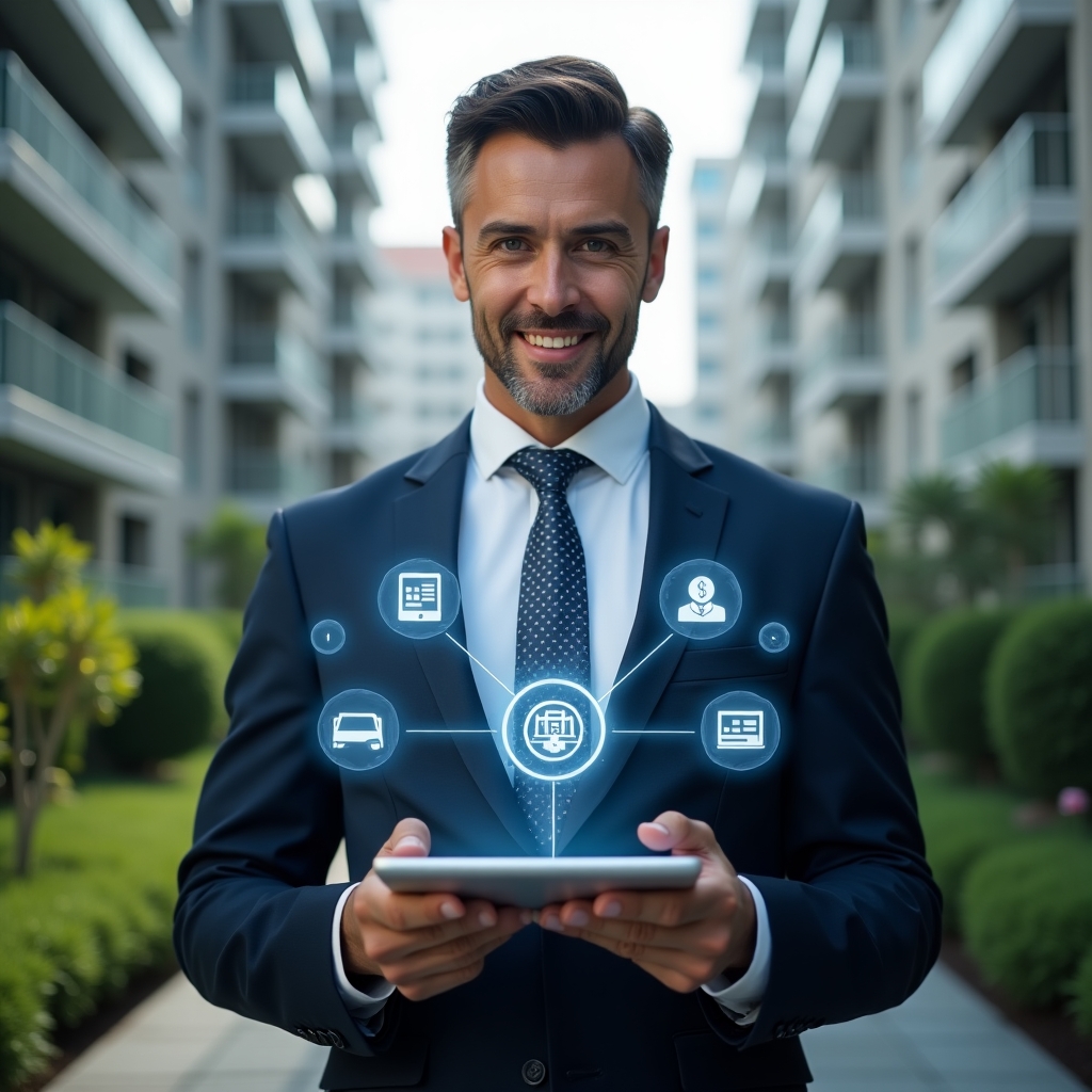 (Ultra-realistic condominium manager in a tailored navy suit, set in a modern luxury condominium environment with high-rise buildings and lush green landscaping, holding a sleek tablet displaying floating holographic icons of communication, finance, booking and maintenance functions, confident expression as they interact with the virtual interface, cinematic lighting, shallow depth of field, highly detailed textures, realistic skin, photographic realism, 8k resolution --ar 1:1 --v 6)