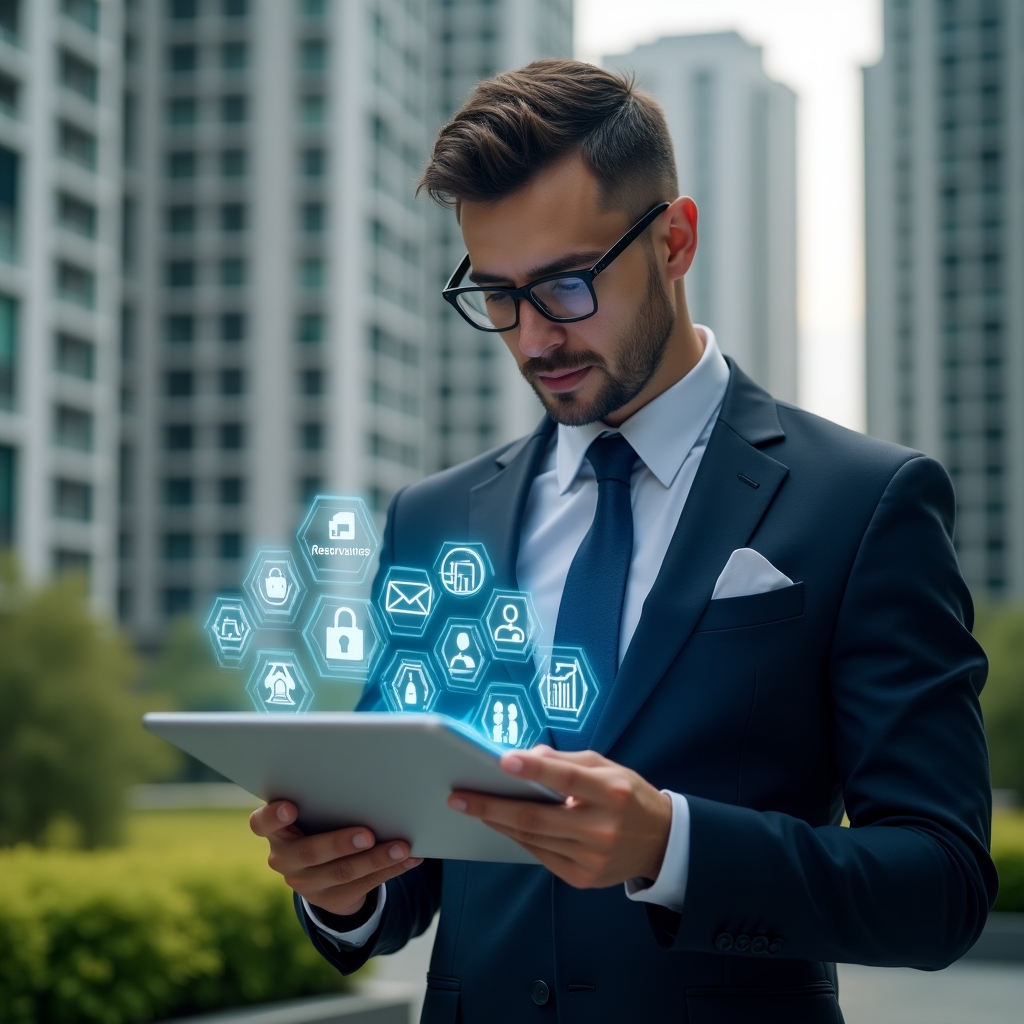 (Ultra-realistic condominium manager in a tailored dark blue suit, set in a modern luxury condominium environment with high-rise buildings and lush green landscaping, reviewing a holographic interface of finance and communication icons on a transparent tablet with a confident, focused expression, floating app symbols representing reservations, security and billing around them, cinematic lighting, shallow depth of field, highly detailed textures, realistic skin, photographic realism, 8k resolution --ar 1:1 --v 6)