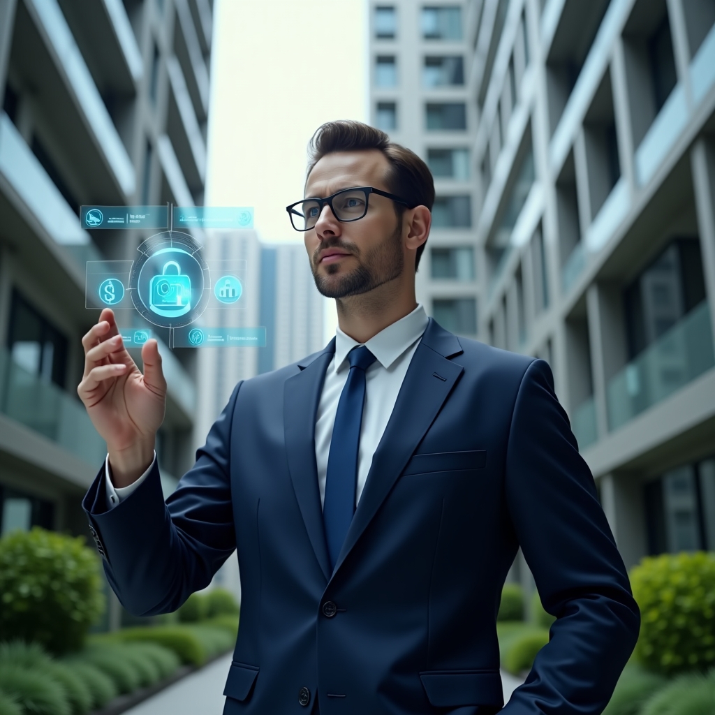 (Ultra-realistic condominium manager in a navy blue suit, set in a modern luxury condominium environment with high-rise buildings and green landscaping, medium shot of the manager confidently interacting with a floating holographic interface displaying icons for calendar booking, chat messages, financial charts and security lock, futuristic holographic symbols of communication and administration, cinematic lighting, shallow depth of field, highly detailed textures, realistic skin, photographic realism, 8k resolution --ar 1:1 --v 6)