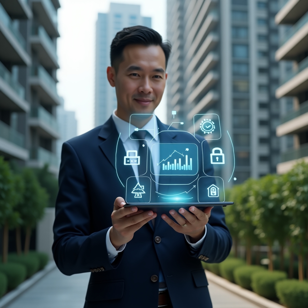 (Ultra-realistic condominium manager in a navy blue suit, set in a modern luxury condominium environment with high-rise buildings and lush green landscaping, holding a transparent tablet displaying holographic icons of chat bubbles, financial charts, security locks, and calendar bookings, confidently gesturing toward the floating interface, cinematic lighting, shallow depth of field, highly detailed textures, realistic skin, photographic realism, 8k resolution --ar 1:1 --v 6)
