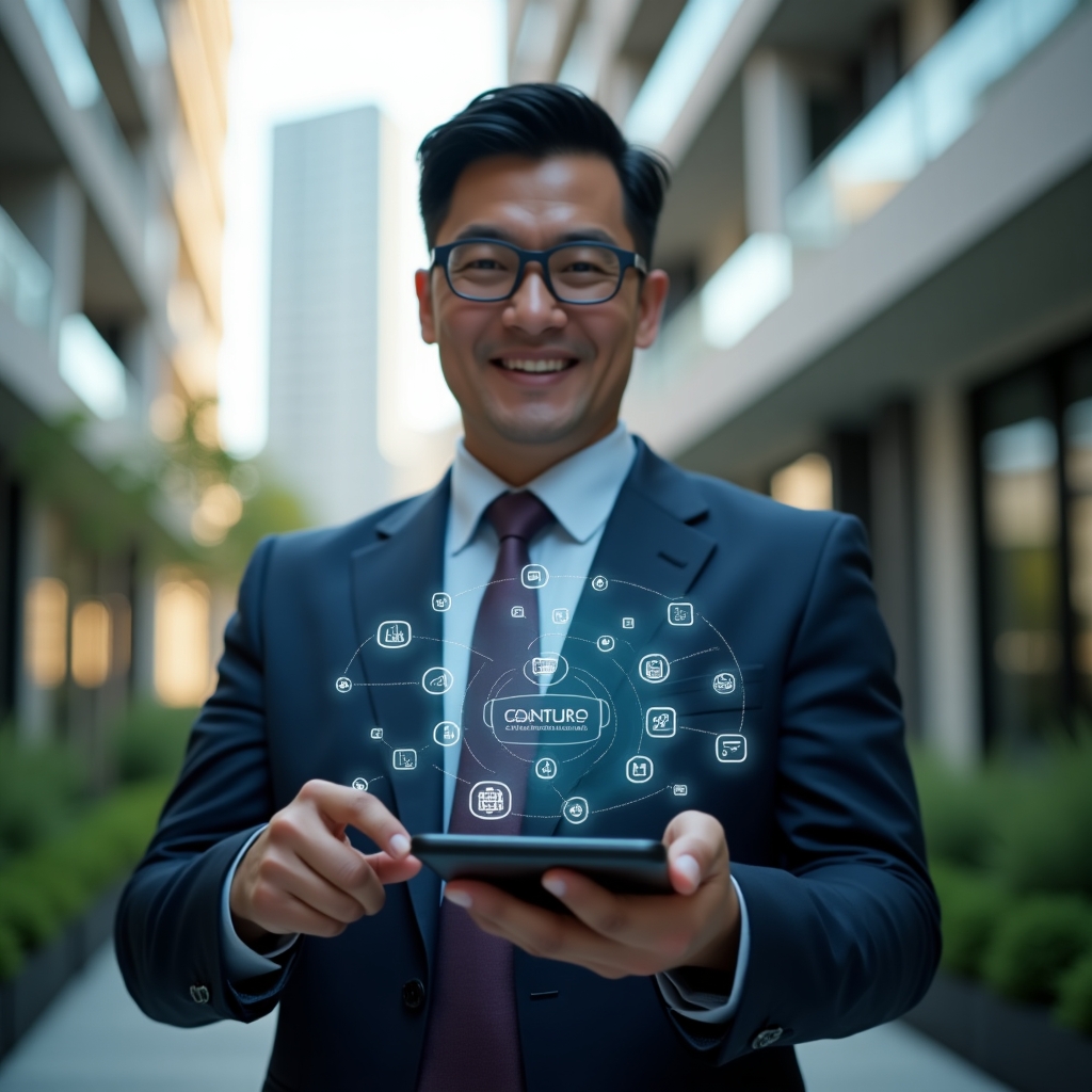 (Ultra-realistic condominium manager in a navy tailored suit, set in a modern luxury condominium environment with high-rise buildings and green landscaping, confidently holding a smartphone displaying a holographic dashboard of 10 condo management app functions—icons for access control, billing, reservations, maintenance, and communication floating around, cinematic lighting, shallow depth of field, highly detailed textures, realistic skin, photographic realism, 8k resolution --ar 1:1 --v 6)