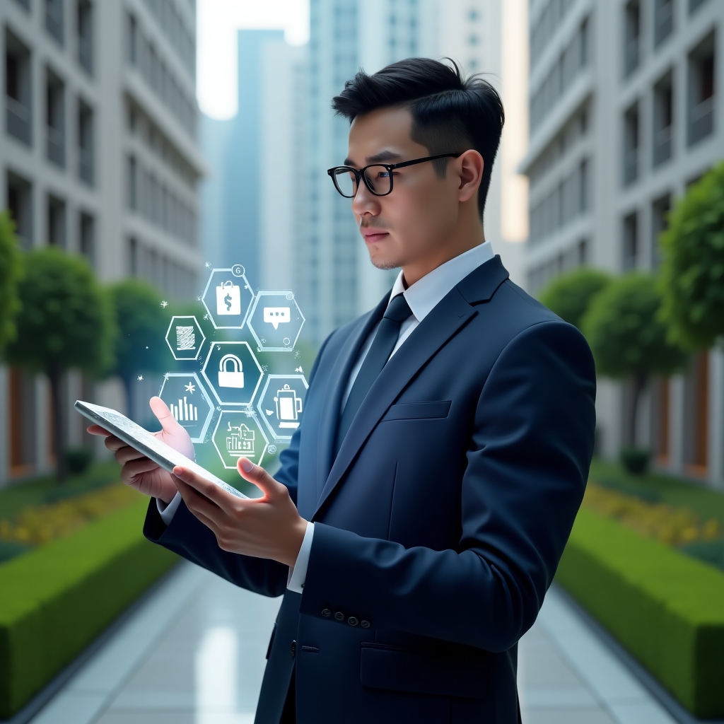 Ultra-realistic condominium manager in a tailored navy suit, set in a modern luxury condominium environment with high-rise buildings and manicured green landscaping, holding a transparent tablet projecting holographic icons for finance, calendar, chat, booking, security and documents, confidently interacting with the interface, cinematic lighting, shallow depth of field, highly detailed textures, realistic skin, photographic realism, 8k resolution --ar 1:1 --v 6