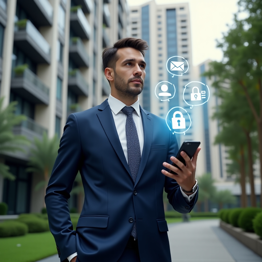 (Ultra-realistic condominium manager in a navy blue suit, set in a modern luxury condominium environment with high-rise buildings and manicured green landscaping, interacting confidently with a floating holographic interface displaying app functions icons like calendar, chat bubble, financial chart and access control, cinematic lighting, shallow depth of field, highly detailed textures, realistic skin, photographic realism, 8k resolution --ar 1:1 --v 6)