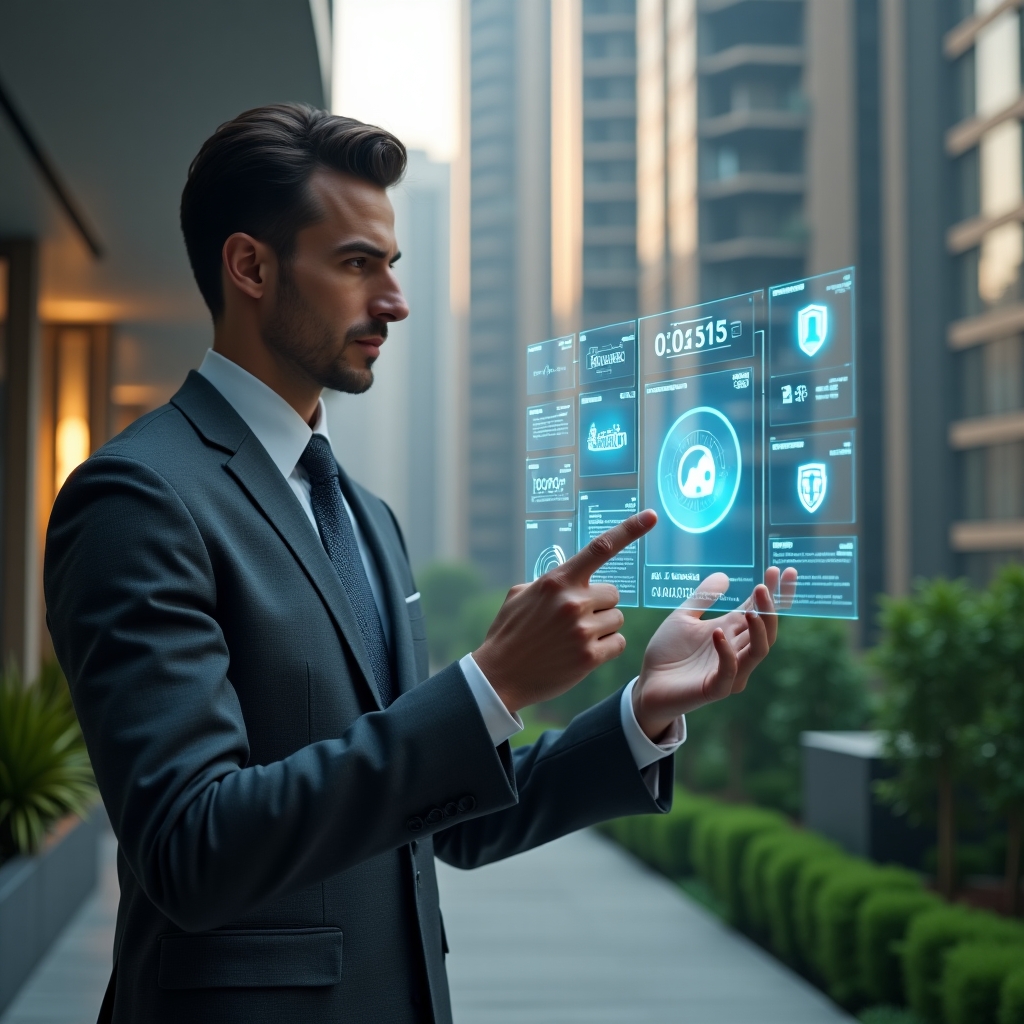 Ultra-realistic condominium manager in a charcoal gray executive suit, set in a modern luxury condominium environment with high-rise buildings and lush green landscaping, interacting with a holographic interface displaying financial charts, communication icons, booking calendars and security alerts, confident and focused expression, cinematic lighting, shallow depth of field, highly detailed textures, realistic skin, photographic realism, 8k resolution --ar 1:1 --v 6