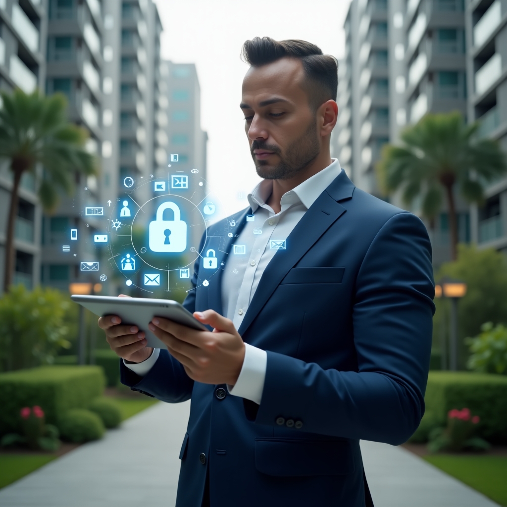 Ultra-realistic condominium manager in a navy blue suit, set in a modern luxury condominium environment with high-rise buildings and lush green landscaping, holding a tablet displaying floating holographic app icons for communication, security and cost control, confident and analytical expression, charts and padlock holograms swirling around, cinematic lighting, shallow depth of field, highly detailed textures, realistic skin, photographic realism, 8k resolution --ar 1:1 --v 6
