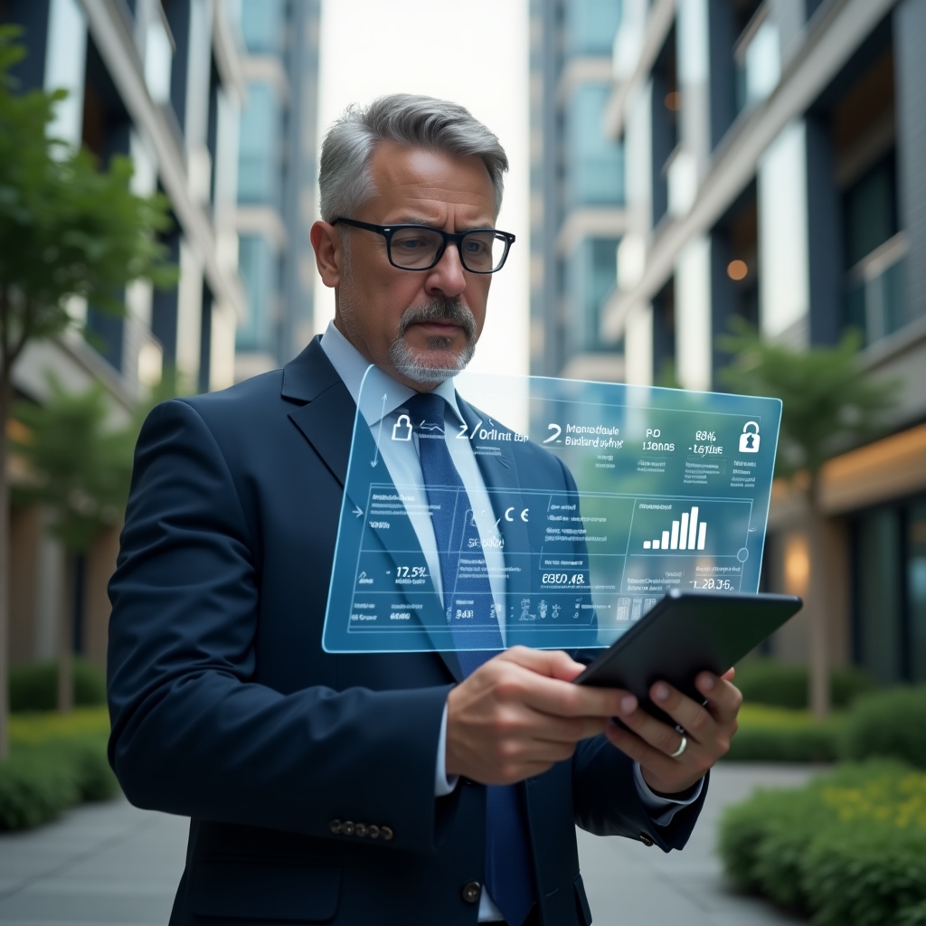 (Ultra-realistic condominium manager in a navy blue suit, set in a modern luxury condominium environment with high-rise buildings and lush green landscaping, holding a tablet and interacting with a holographic condominium management app interface displaying security lock icons, usability charts and cost-benefit graphs, confident and focused expression, cinematic lighting, shallow depth of field, highly detailed textures, realistic skin, photographic realism, 8k resolution --ar 1:1 --v 6)
