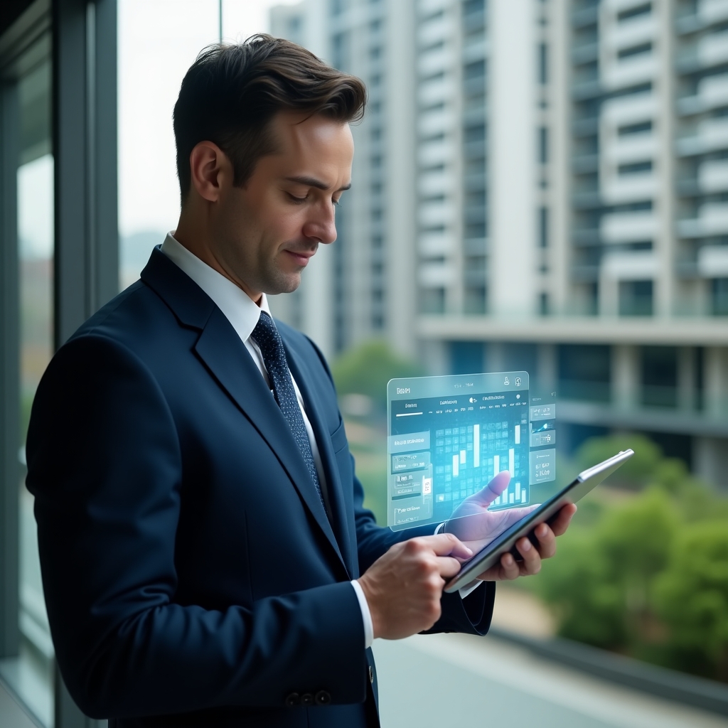 (Ultra-realistic property manager in a navy suit, set in a modern luxury condominium environment with high-rise buildings and green landscaping, medium shot with shallow depth of field, confidently reviewing a holographic calendar of scheduled condominium tasks hovering above a sleek tablet, with transparent timeline icons and subtle digital graphs floating around, cinematic lighting, highly detailed textures, realistic skin, photographic realism, 8k resolution --ar 1:1 --v 6)