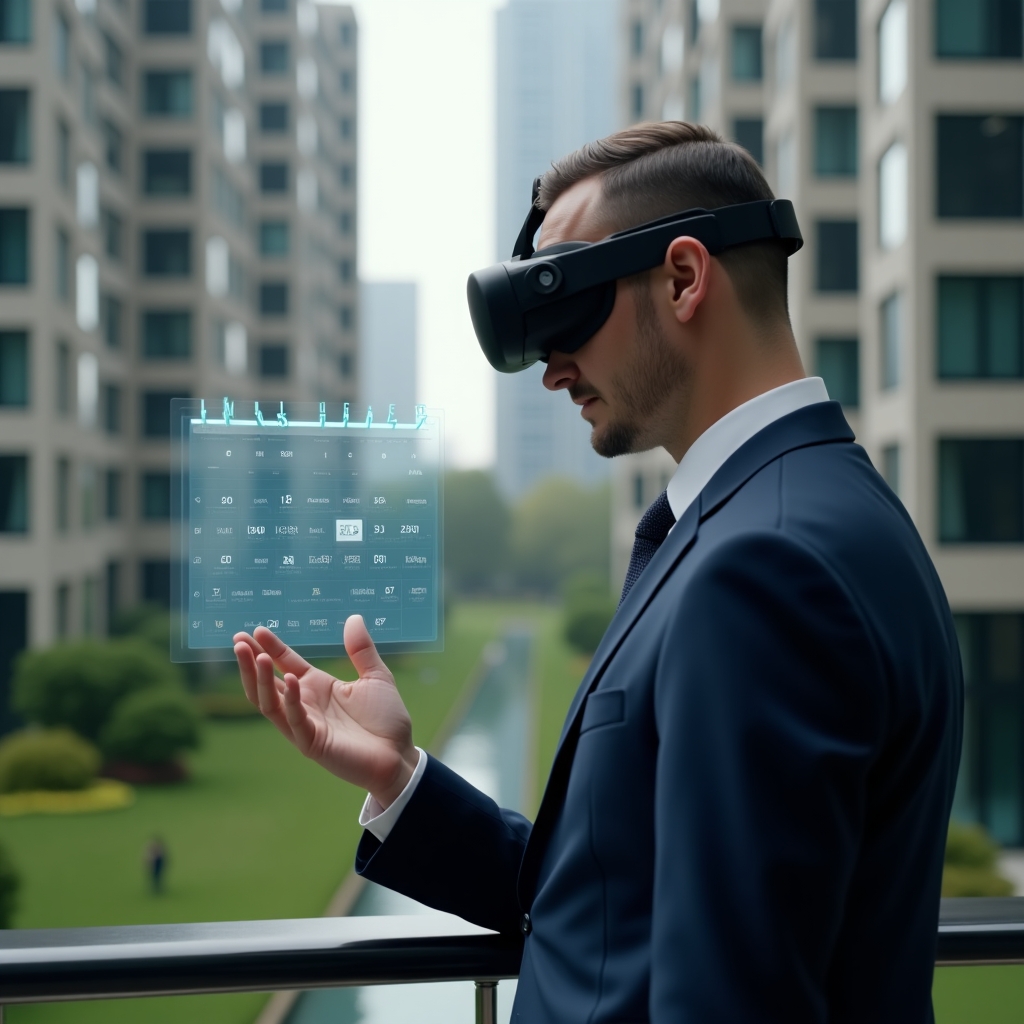 (Ultra-realistic condominium manager in a tailored navy suit, set in a modern luxury condominium environment with high-rise buildings and manicured green landscaping, checking a floating holographic calendar interface with timeline icons and checkmarks, conveying confidence and focus, cinematic lighting, shallow depth of field, highly detailed textures, realistic skin, photographic realism, 8k resolution --ar 1:1 --v 6)