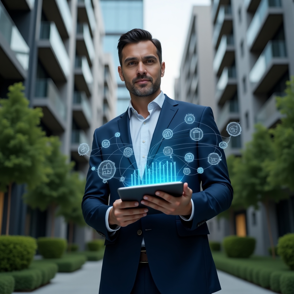 (Ultra-realistic property manager in a dark blue suit, set in a modern luxury condominium environment with high-rise buildings and manicured green landscaping, holding a tablet displaying floating holographic app icons and financial charts, confident and focused expression, symbolizing efficient digital management, cinematic lighting, shallow depth of field, highly detailed textures, realistic skin, photographic realism, 8k resolution --ar 1:1 --v 6)