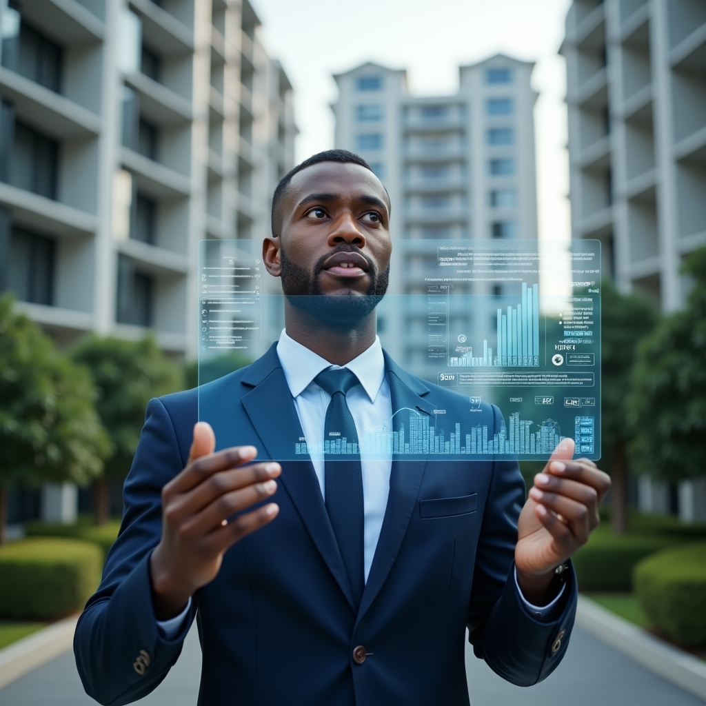 Ultra-realistic condominium manager in a dark blue suit, set in a modern luxury condominium environment with high-rise buildings and lush green landscaping, analyzing a transparent holographic dashboard of key performance indicators, confident and focused expression, floating charts and KPI icons around him, cinematic lighting, shallow depth of field, highly detailed textures, realistic skin, photographic realism, 8k resolution --ar 1:1 --v 6