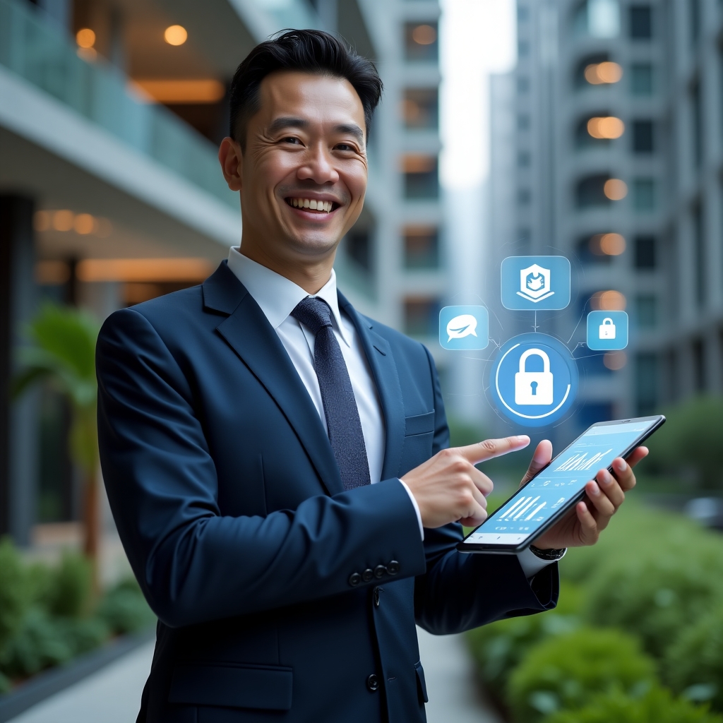 (Ultra-realistic condominium manager in a dark blue tailored suit, set in a modern luxury condominium environment with high-rise buildings and lush green landscaping, holding a tablet displaying a holographic condominium management app interface and pointing at it with a confident smile, surrounded by floating icons of chat bubbles, financial charts, and a security lock hologram, cinematic lighting, shallow depth of field, highly detailed textures, realistic skin, photographic realism, 8k resolution --ar 1:1 --v 6)