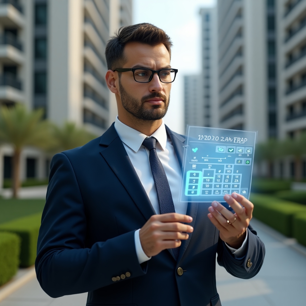 Ultra-realistic condominium manager in a tailored navy suit, set in a modern luxury condominium environment with high-rise buildings and manicured green landscaping, reviewing a holographic calendar with checkmarks and timeline icons floating before them, confident and focused expression, cinematic lighting, shallow depth of field, highly detailed textures, realistic skin, photographic realism, 8k resolution --ar 1:1 --v 6