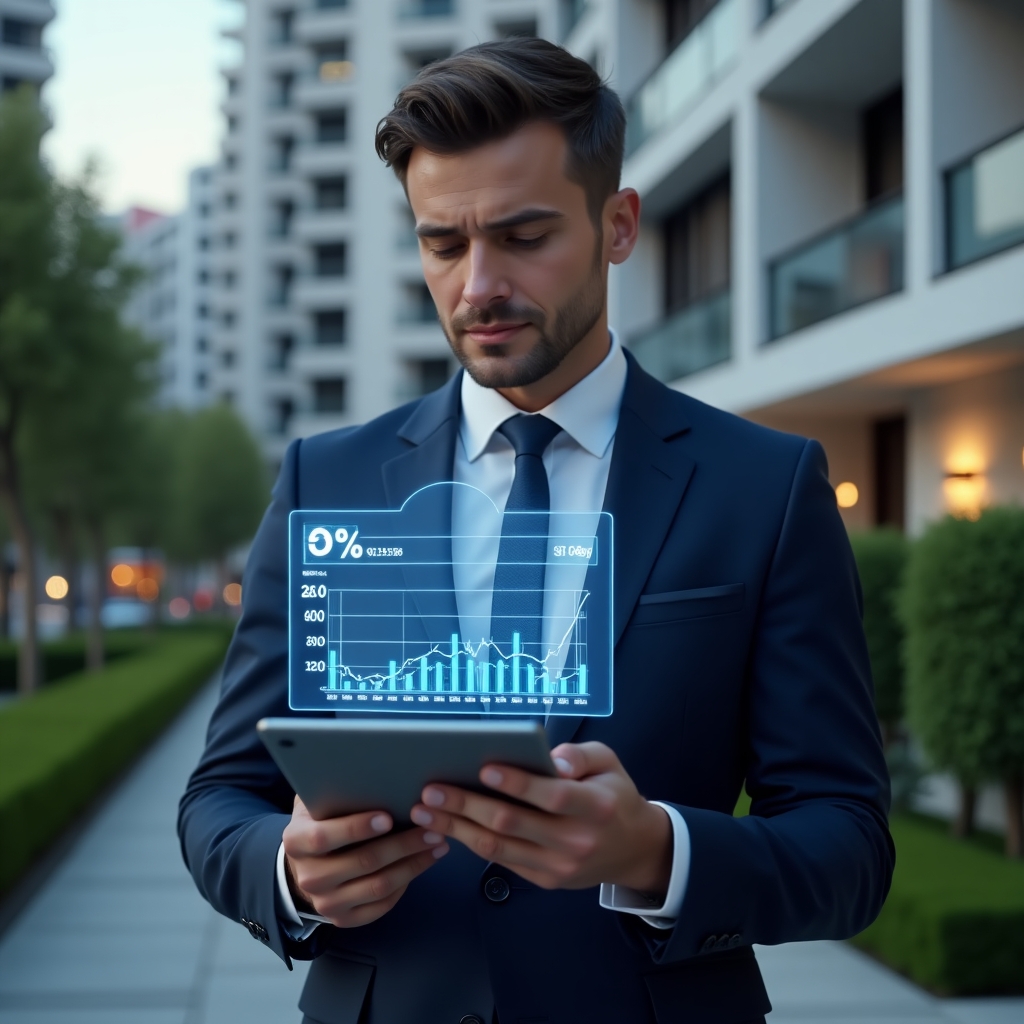 (Ultra-realistic condominium manager in a navy blue tailored suit, set in a modern luxury condominium environment with high-rise buildings and manicured green landscaping, examining a holographic budget chart projected above a tablet, glowing expense icons and trend lines symbolizing cost control, confident and focused expression, cinematic lighting, shallow depth of field, highly detailed textures, realistic skin, photographic realism, 8k resolution --ar 1:1 --v 6)