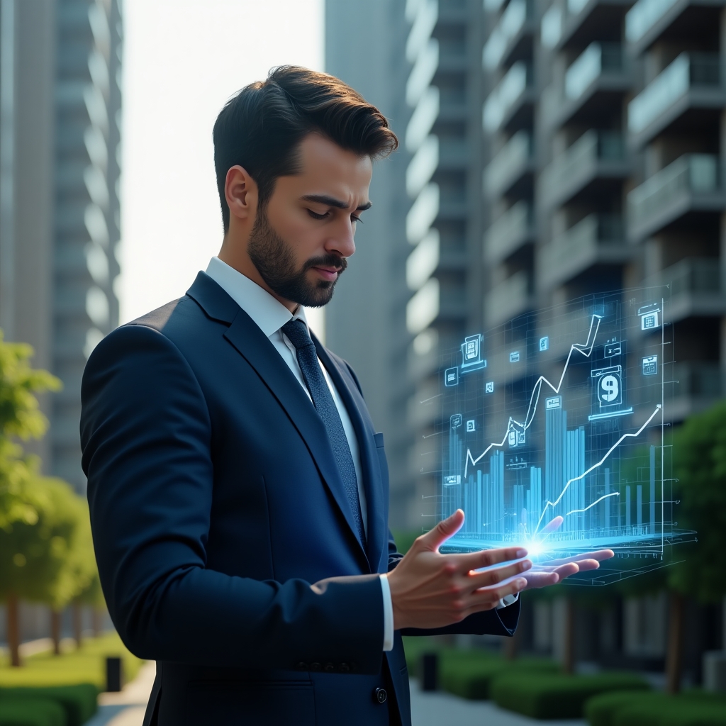 Ultra-realistic condominium property manager in a navy blue suit, set in a modern luxury condominium environment with high-rise buildings and green landscaping, analyzing a floating holographic financial chart with icons of bills and graphs, confident expression, cinematic lighting, shallow depth of field, highly detailed textures, realistic skin, photographic realism, 8k resolution --ar 1:1 --v 6