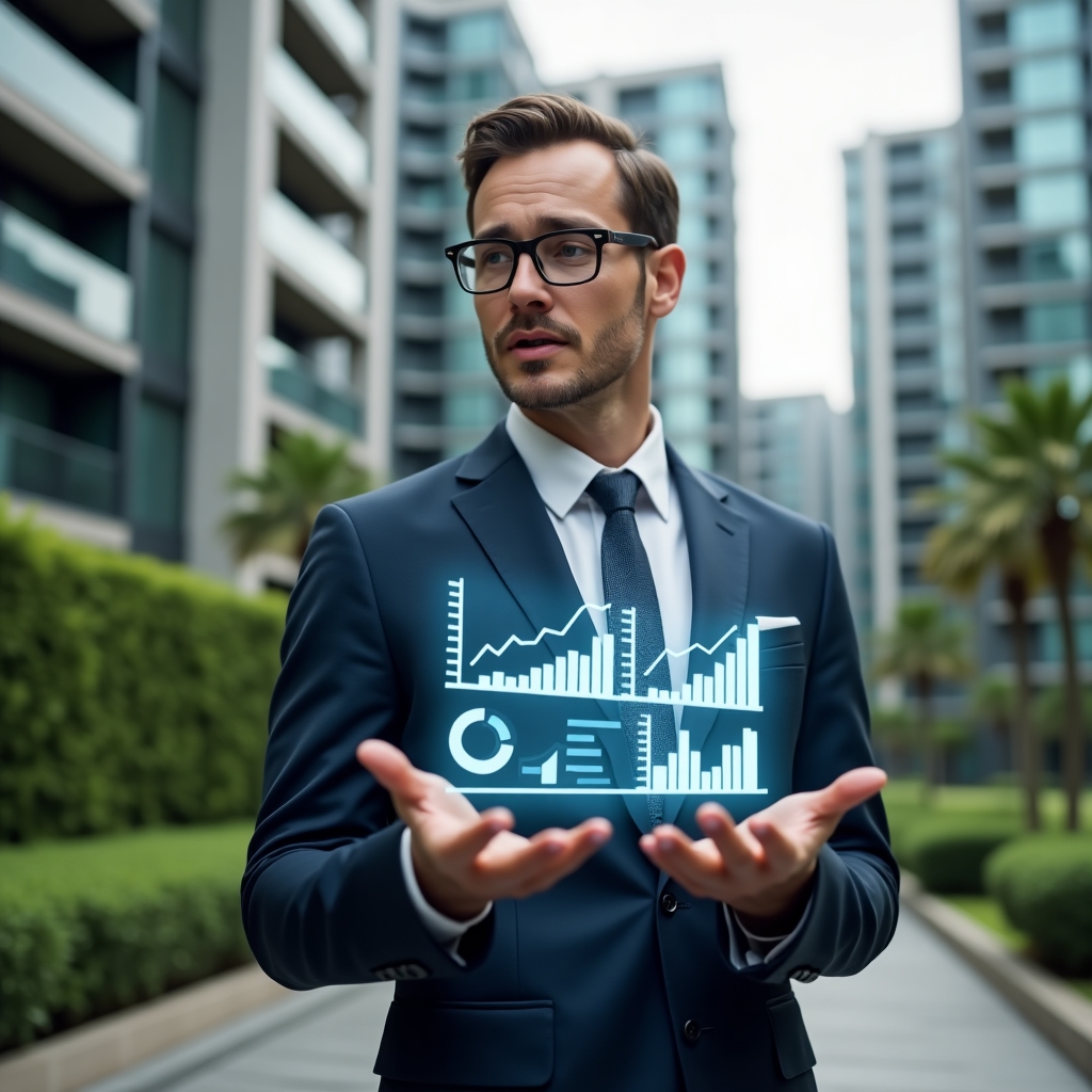 (Ultra-realistic condominium manager in a tailored navy suit, set in a modern luxury condominium environment with high-rise buildings and manicured green landscaping, holding and analyzing a floating holographic financial report with transparent charts and graphs symbolizing clear accounting, confident and focused expression, cinematic lighting, shallow depth of field, highly detailed textures, realistic skin, photographic realism, 8k resolution --ar 1:1 --v 6)