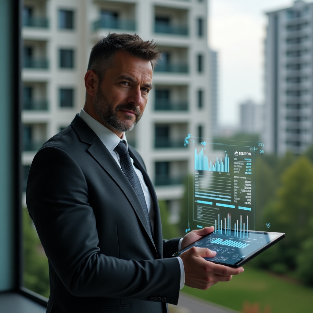 Ultra-realistic condominium manager in a charcoal suit, set in a modern luxury condominium environment with high-rise buildings and well-manicured green spaces, holding a digital tablet displaying a holographic budget chart and cost breakdown, analyzing expenses confidently with floating coin and blueprint icons, cinematic lighting, shallow depth of field, highly detailed textures, realistic skin, photographic realism, 8k resolution --ar 1:1 --v 6