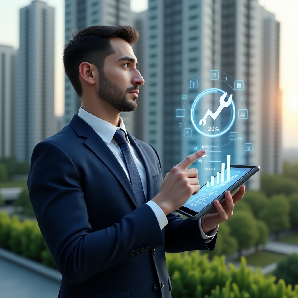 (Ultra-realistic property manager in a navy suit, set in a modern luxury condominium environment with high-rise buildings and lush green landscaping, holding a digital tablet displaying holographic maintenance charts, pointing thoughtfully at a floating wrench icon and bar graph representing cost reduction, cinematic lighting, shallow depth of field, highly detailed textures, realistic skin, photographic realism, 8k resolution --ar 1:1 --v 6)