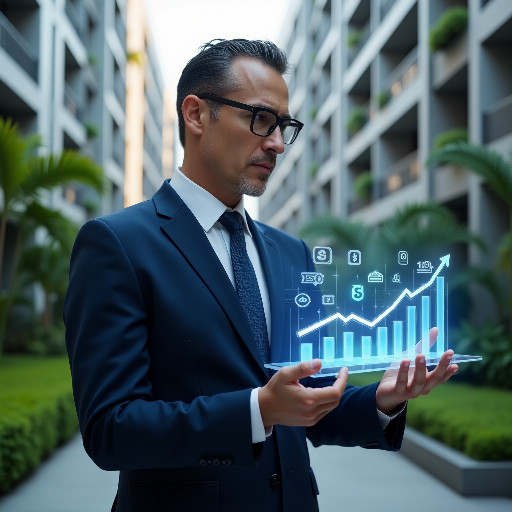 Ultra-realistic condominium manager in a navy blue suit, set in a modern luxury condominium environment with high-rise buildings and lush green landscaping, mid-shot, confidently analyzing a holographic financial chart showing descending cost bars alongside icons of money and energy efficiency, cinematic lighting, shallow depth of field, highly detailed textures, realistic skin, photographic realism, 8k resolution --ar 1:1 --v 6