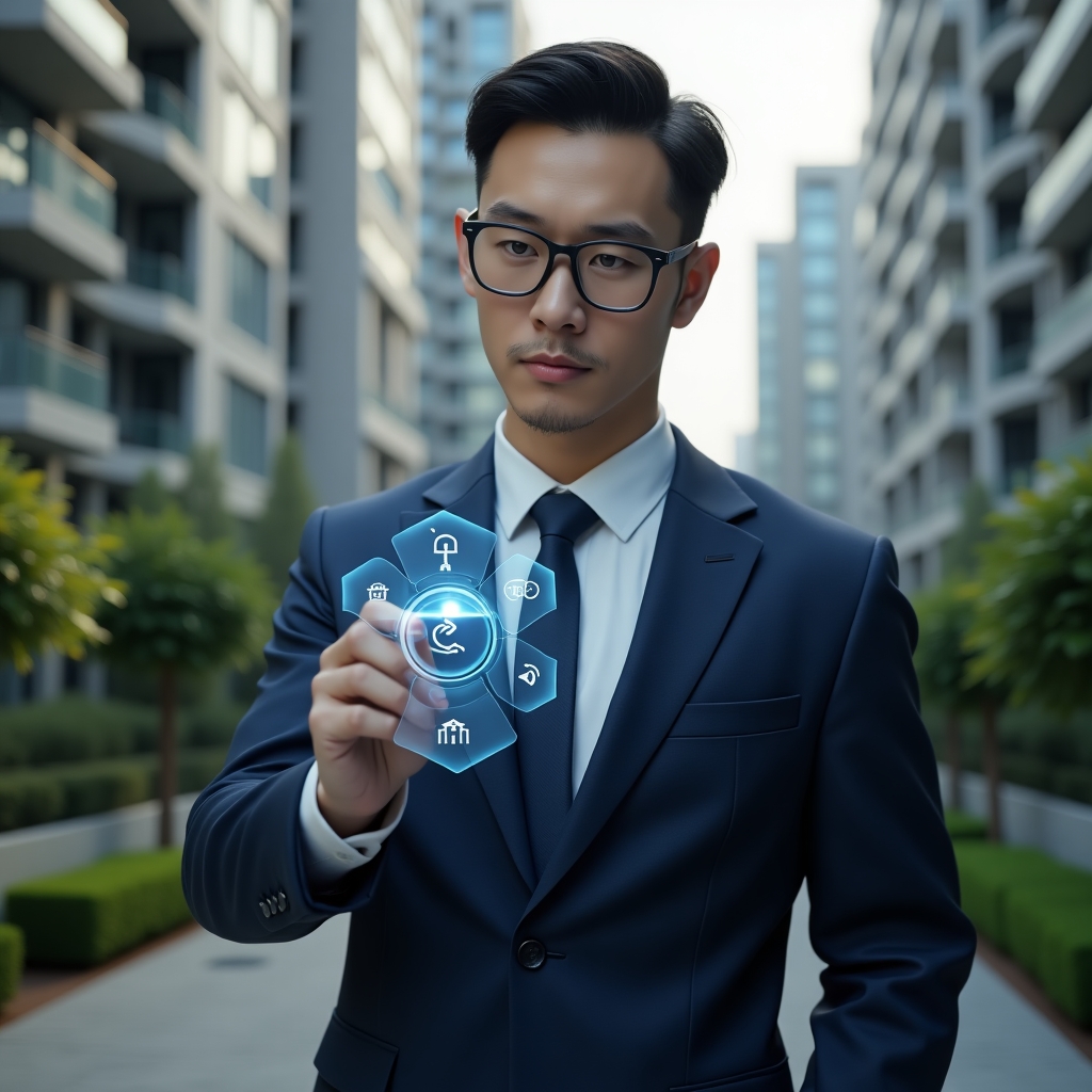 (Ultra-realistic building manager in a tailored navy suit, set in a modern luxury condominium environment with high-rise buildings and manicured gardens, interacting with a holographic interface displaying icons for access control, smart lighting and climate automation, confident and focused expression, cinematic lighting, shallow depth of field, highly detailed textures, realistic skin, photographic realism, 8k resolution --ar 1:1 --v 6)
