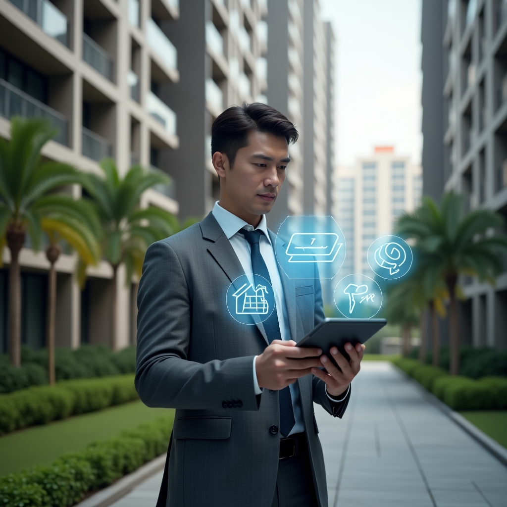 (Ultra-realistic condominium manager in a tailored gray suit, set in a modern luxury condominium environment with high-rise buildings and lush green landscaping, holding a digital tablet with floating holographic icons of cost-saving measures—wrench, solar panel, paint roller—reviewing budget plans in a confident, focused pose, cinematic lighting, shallow depth of field, highly detailed textures, realistic skin, photographic realism, 8k resolution --ar 1:1 --v 6)
