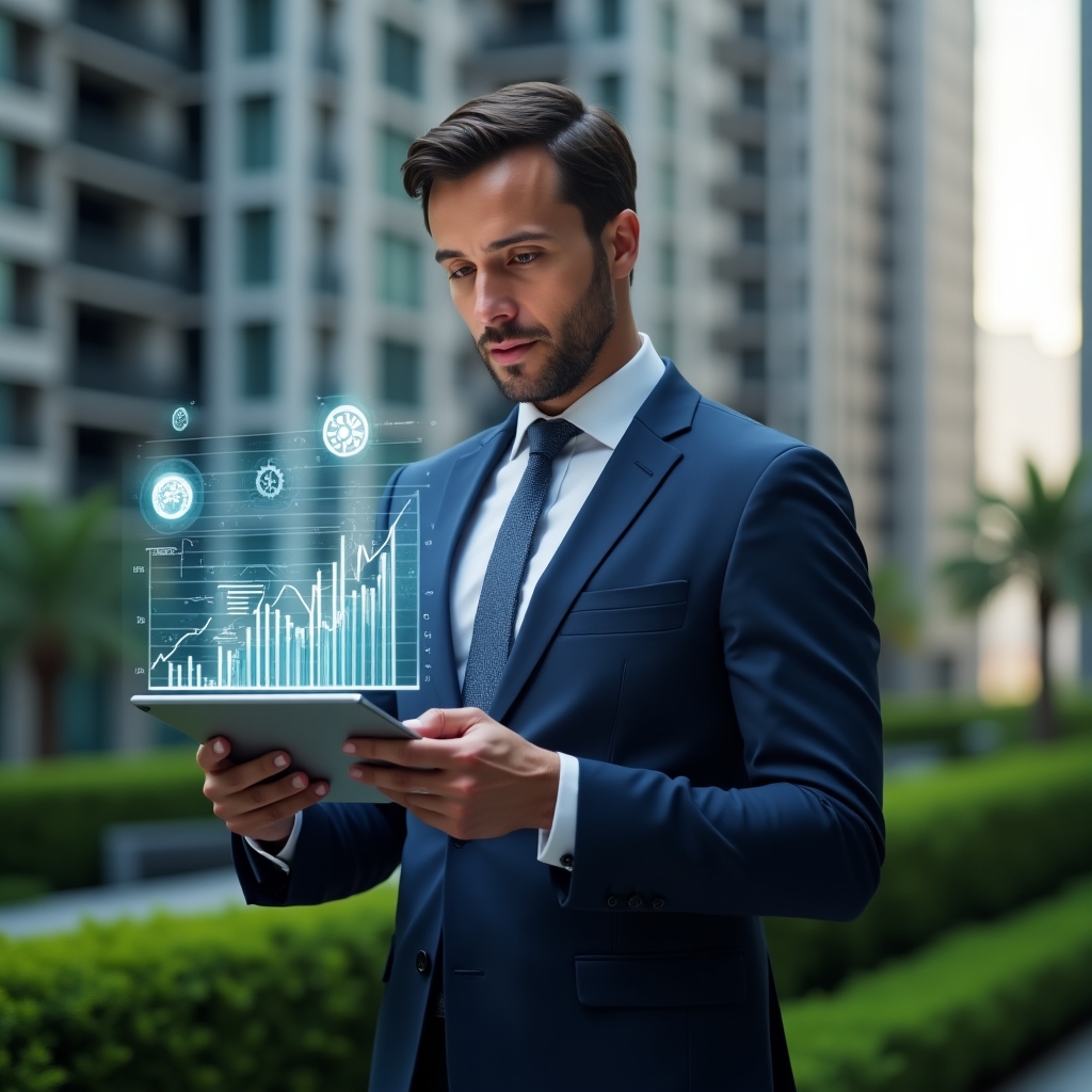 (Ultra-realistic condominium manager in a tailored navy suit, set in a modern luxury condominium environment with high-rise buildings and manicured green landscaping, analyzing financial charts on a transparent holographic display representing budget optimization and cost savings, tablet in hand with floating icons of coins, gears and contract documents, confident and thoughtful expression, cinematic lighting, shallow depth of field, highly detailed textures, realistic skin, photographic realism, 8k resolution --ar 1:1 --v 6)