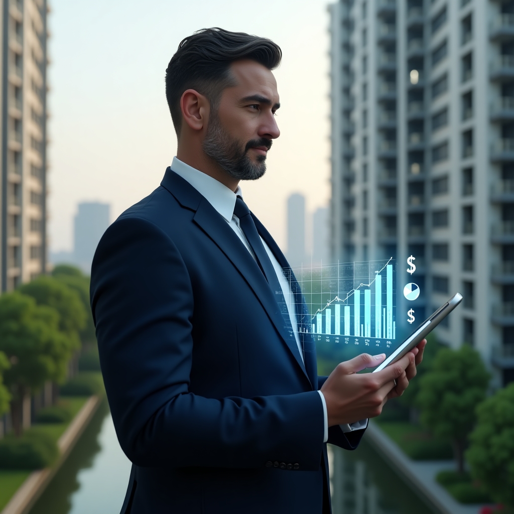 Ultra-realistic condominium manager in a navy tailored suit, set in a modern luxury condominium environment with high-rise buildings and green landscaping, holding a tablet displaying holographic financial charts and cost-saving icons, confident and analytical expression, holographic pie chart and dollar symbols floating beside, cinematic lighting, shallow depth of field, highly detailed textures, realistic skin, photographic realism, 8k resolution --ar 1:1 --v 6