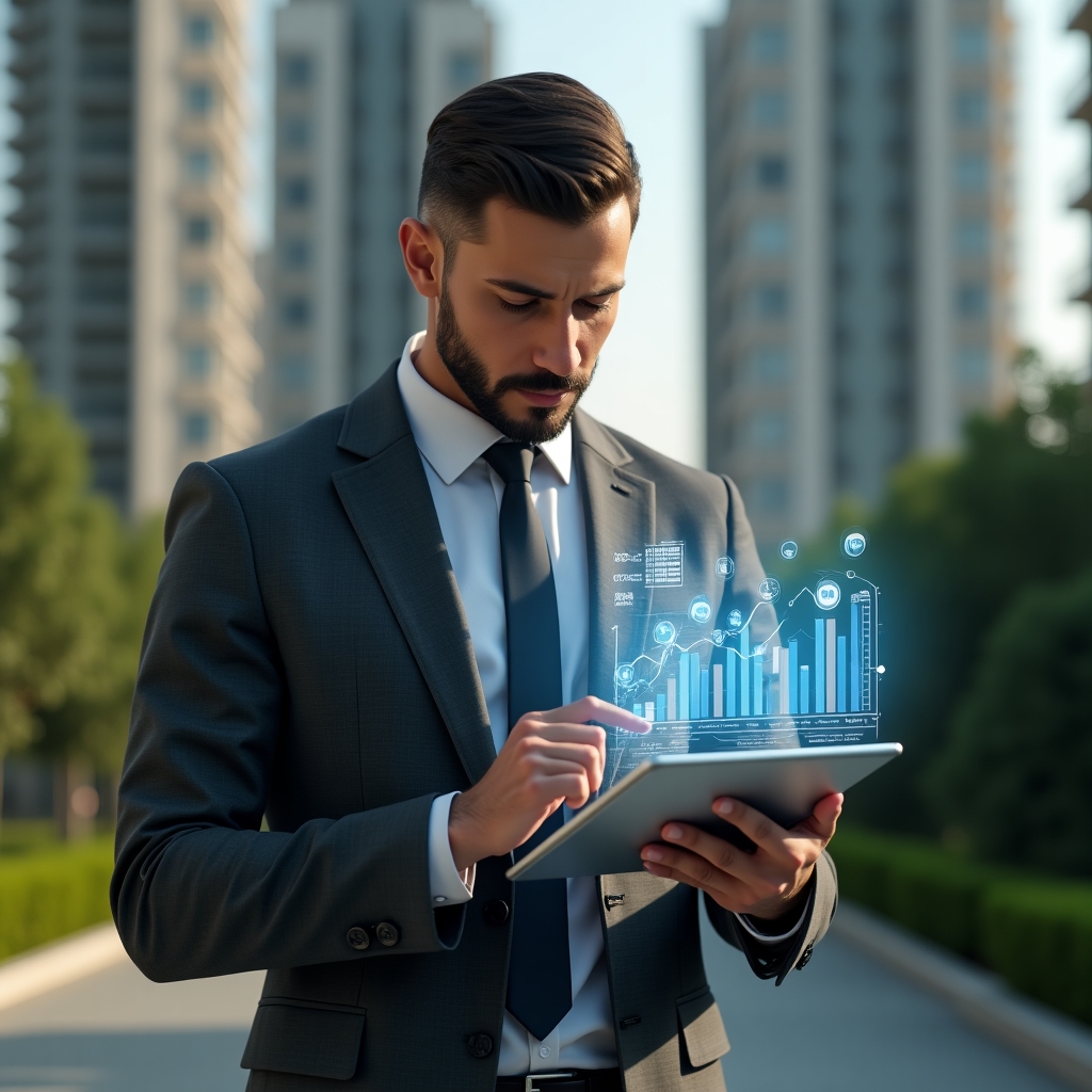 Ultra-realistic condominium manager in a charcoal gray suit, set in a modern luxury condominium environment with high-rise buildings and lush green landscaping, holding a tablet displaying holographic cost-cutting charts and icons of coins and graphs, thoughtfully analyzing expense data, confident expression, cinematic lighting, shallow depth of field, highly detailed textures, realistic skin, photographic realism, 8k resolution --ar 1:1 --v 6