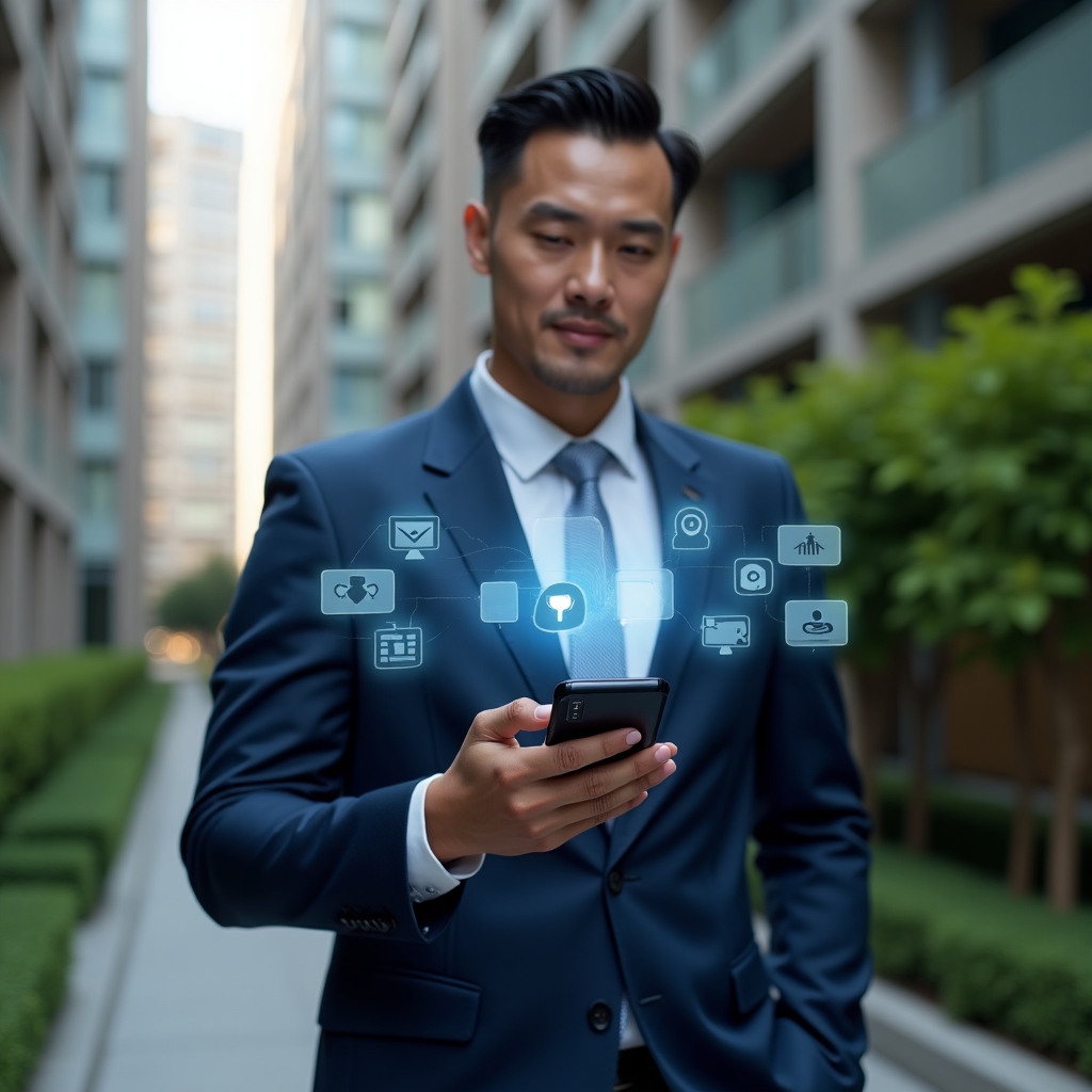 Ultra-realistic condominium manager in a navy blue executive suit, set in a modern luxury condominium environment with high-rise buildings and manicured green landscaping, holding a smartphone displaying a sleek app interface with floating holographic icons for communication, finance, reservations, maintenance and security, confident expression, cinematic lighting, shallow depth of field, highly detailed textures, realistic skin, photographic realism, 8k resolution --ar 1:1 --v 6