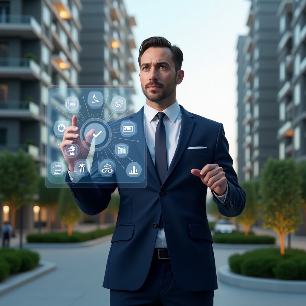 Ultra-realistic property manager in a navy blue suit, set in a modern luxury condominium environment with high-rise buildings and green landscaping, interacting with a holographic dashboard of app icons representing communication, scheduling, finance, voting, and analytics, confident expression, cinematic lighting, shallow depth of field, highly detailed textures, realistic skin, photographic realism, 8k resolution --ar 1:1 --v 6