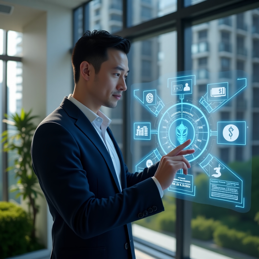 (Ultra-realistic condominium manager in a dark blue suit, set in a modern luxury condominium environment with high-rise buildings and green landscaping, confidently interacting with a holographic touchscreen interface displaying icons for access control, automated billing, supplier contracts, space reservations and financial analytics, cinematic lighting, shallow depth of field, highly detailed textures, realistic skin, photographic realism, 8k resolution --ar 1:1 --v 6)