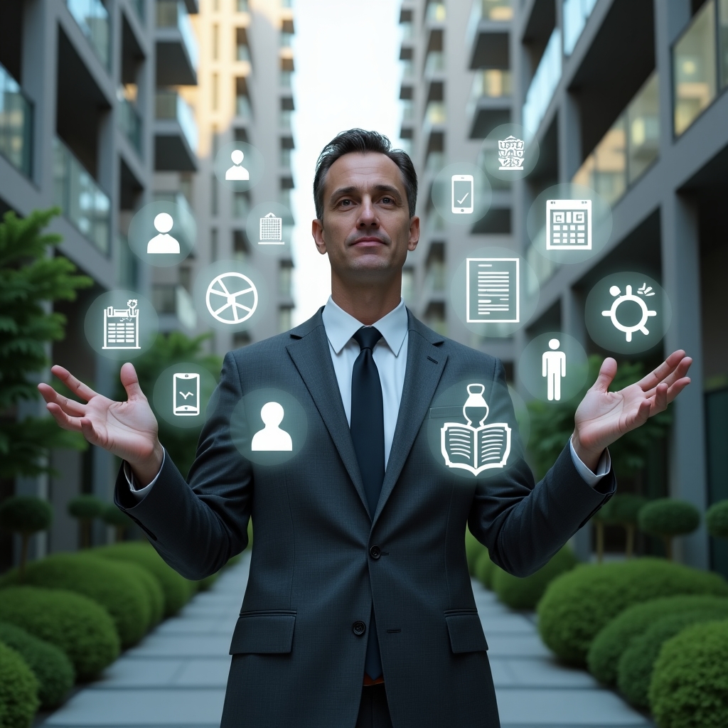 (Ultra-realistic condominium manager in a tailored dark gray suit, set in a modern luxury condominium environment with high-rise buildings and lush green landscaping, medium shot of a confident professional interacting with floating holographic icons representing community rules, mediation channels, maintenance tools, assemble meeting schedules, and a mobile app interface, cinematic lighting, shallow depth of field, highly detailed textures, realistic skin, photographic realism, 8k resolution --ar 1:1 --v 6)
