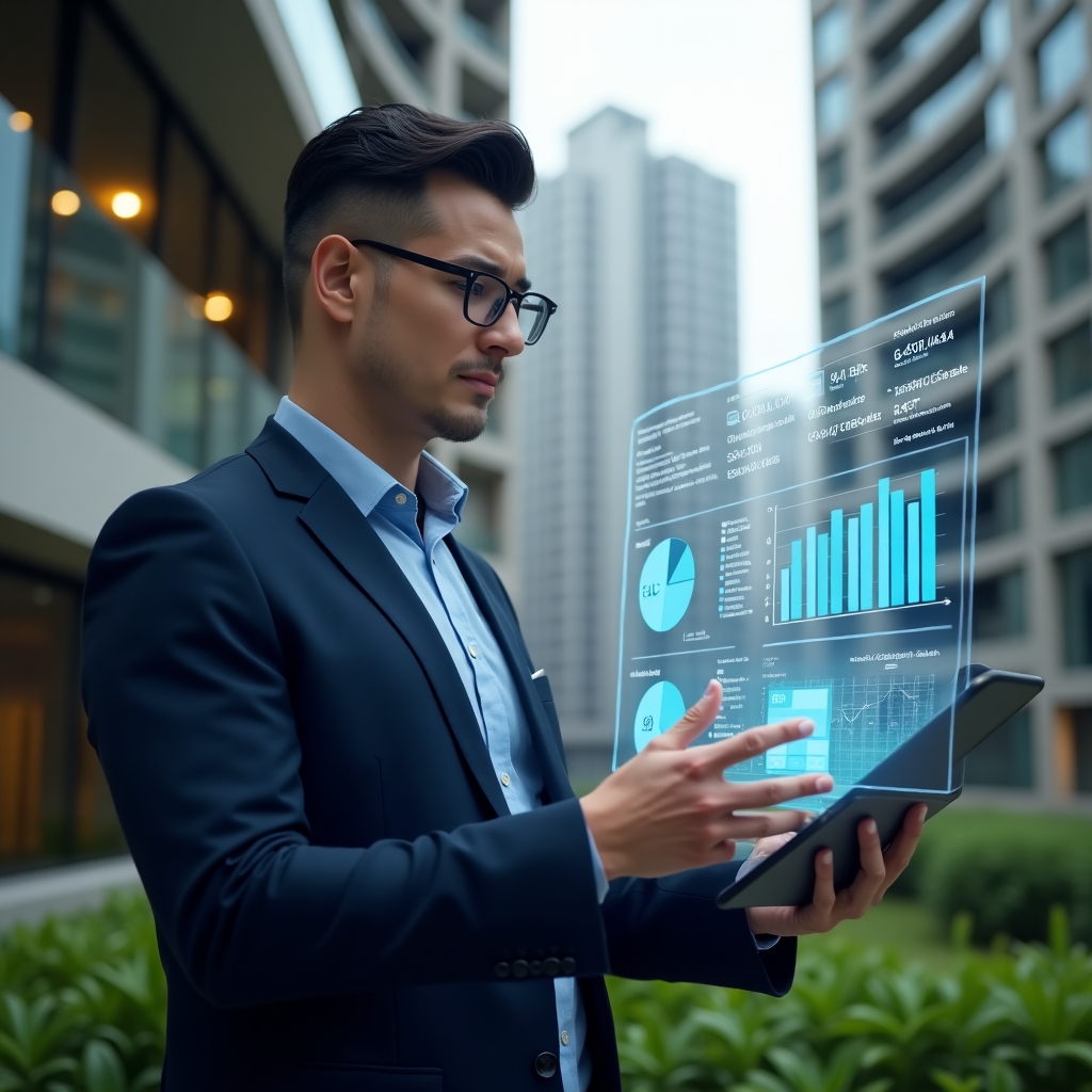 (Ultra-realistic condominium manager in a dark blue executive suit, set in a modern luxury condominium environment with high-rise buildings and lush green landscaping, medium close-up of a confident professional examining a transparent holographic financial dashboard displaying revenue bars, expense pie charts, and delinquency line graphs, floating icons of currency, calculator, and clock, cinematic lighting, shallow depth of field, highly detailed textures, realistic skin, photographic realism, 8k resolution --ar 1:1 --v 6)
