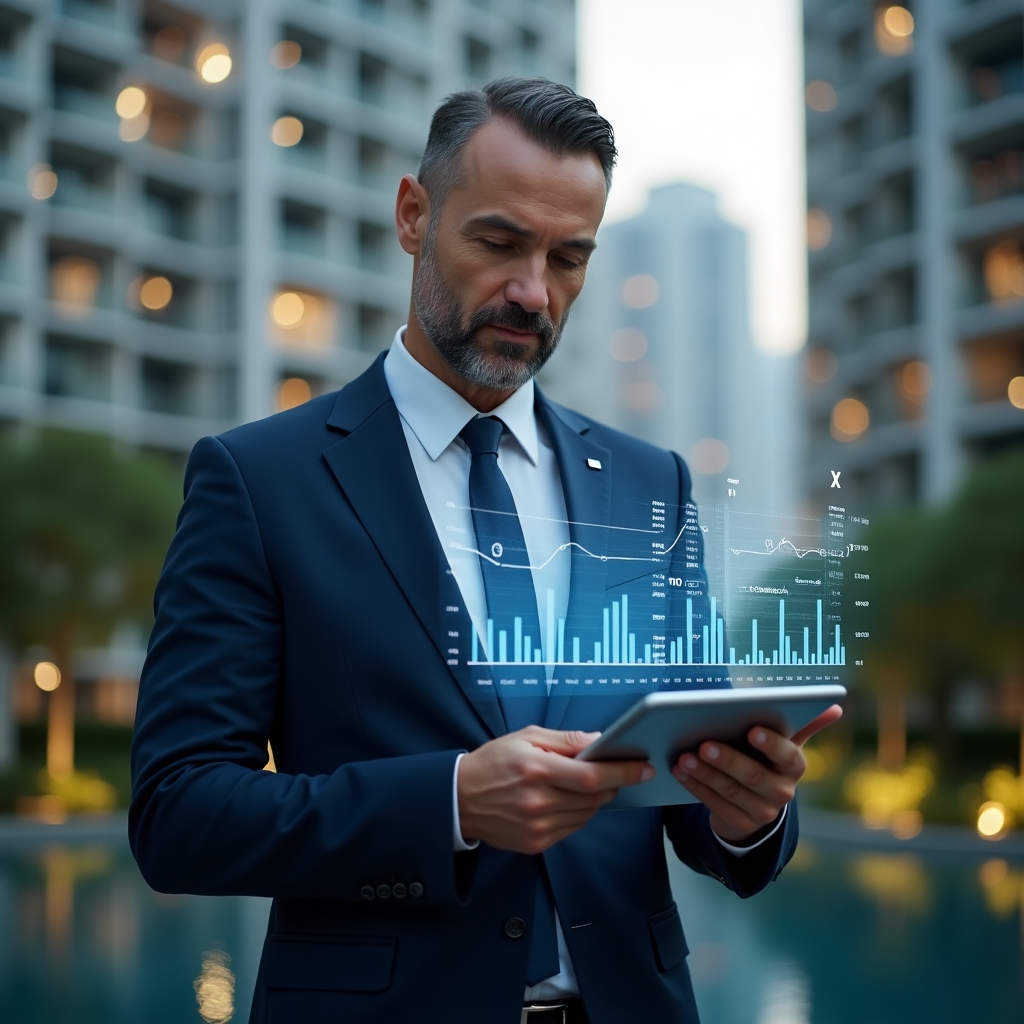 (Ultra-realistic condominium manager in a navy blue suit, set in a modern luxury condominium environment with high-rise buildings and lush green landscaping, holding a tablet displaying floating holographic financial charts, analyzing key performance indicators with a focused, confident expression, holographic graphs and numeric indicators symbolizing budget monitoring, cinematic lighting, shallow depth of field, highly detailed textures, realistic skin, photographic realism, 8k resolution --ar 1:1 --v 6)