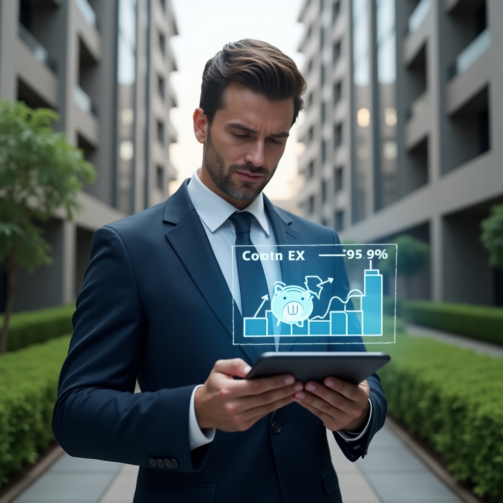 (Ultra-realistic condominium manager in a navy blue suit, set in a modern luxury condominium environment with high-rise buildings and meticulously landscaped gardens, examining a floating holographic budget chart showing cost reductions, holding a digital tablet with a glowing piggy bank icon, confident and focused expression, cinematic lighting, shallow depth of field, highly detailed textures, realistic skin, photographic realism, 8k resolution --ar 1:1 --v 6)