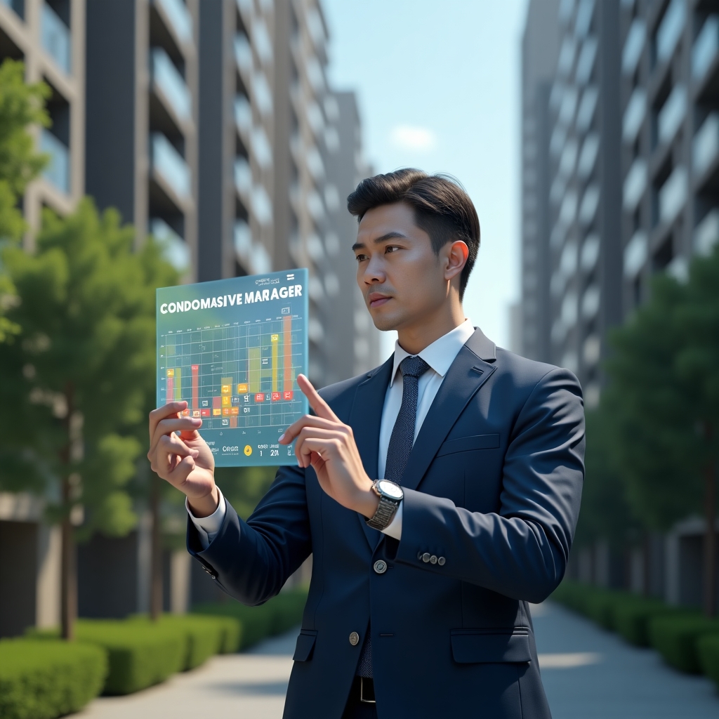 (Ultra-realistic condominium manager in a navy suit, set in a modern luxury condominium environment with high-rise buildings and green landscaping, confidently analyzing a floating holographic calendar with color-coded tasks and alert icons, cinematic lighting, shallow depth of field, highly detailed textures, realistic skin, photographic realism, 8k resolution --ar 1:1 --v 6)