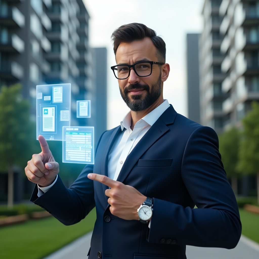 (Ultra-realistic professional condominium manager in a navy executive suit, set in a modern luxury condominium environment with high-rise buildings and lush green landscaping, mid-shot close-up holding and pointing at a holographic digital financial report with floating document and spreadsheet icons symbolizing the shift from paper to online, confident and focused expression, cinematic lighting, shallow depth of field, highly detailed textures, realistic skin, photographic realism, 8k resolution --ar 1:1 --v 6)